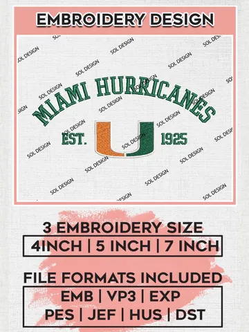 Miami Hurricanes Est 1925 Embroidery Designs, NCAA Miami Hurricanes Team Embroidery, NCAA Team Logo, 3 sizes, Machine embroidery Files, Digital Download $6.99