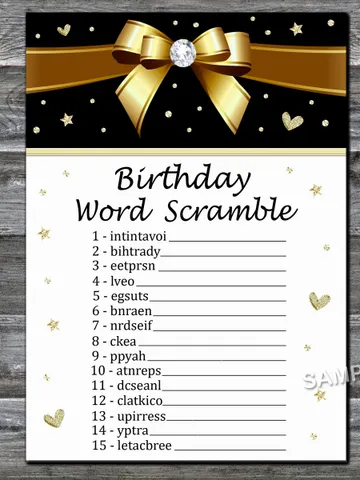 Golden bow Birthday Word Scramble Game,Adult Birthday party game-fun games for her-Instant download $1.75