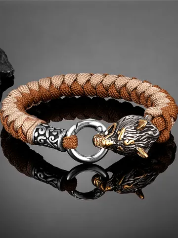 Stainless Steel Wolf Head Nordic Handmade Paracord Bracelet $49.00