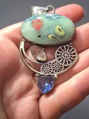 Blue pendant. Oil painting on stone. Wearable art. $59.00
