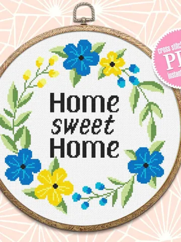 Home sweet home cross stitch pattern download PDF, Framed quote cross stitch chart, Floral wreath embroidery PDF, Easy beginner stitch #Q42 $4.50