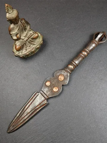 Gandhanra Tibetan Buddhism Ritual Implement Dorje Phurba(Kila Dagger),Dharma Ritual,Altar Tool,Made of Cold Iron inlaid Copper $69.99