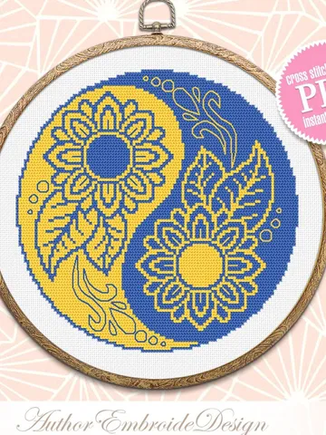 Yin yang mandala cross stitch pattern download PDF Ukraine sunflower cross stitch chart, Small flower mandala digital pattern PDF #M219 $3.20