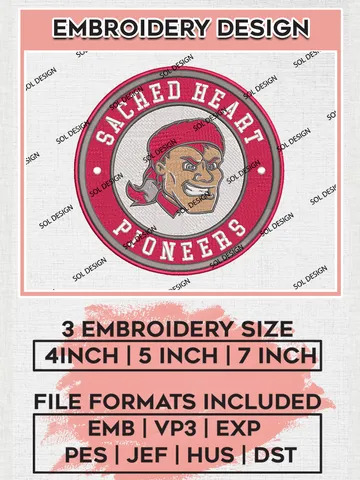 NCAA Sacred Heart Pioneers Round Logo Embroidery, NCAA Sacred Heart Logo Embroidery files, NCAA Teams, Machine embroidery designs, Digital Download $6.99