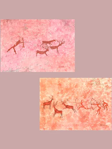Deer hunting wall art | Original Pastel and Watercolor Artwork Ancient Cave Painting Style | Hunters Prehistoric art | Handmade Artwork | Archers stylization of rock art | Drawings of a prehistoric man | Modular painting $130.00