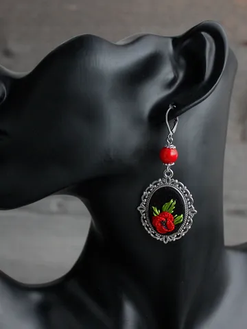 Handmade red poppy earrings dangle Red coral lever back Ukrainian earrings Wildflower jewelry Botanical gardening gift for mom or grandma
