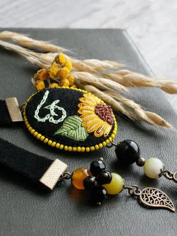Handmade monogrammed beaded sunflower book mark with initial for female teacher Floral yellow black and green velvet ribbon bookmark