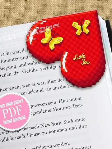 Heart Corner bookmark cross stitch pattern PDF download Small heart cross stitch chart, Valentine bookmark digital PDF Butterfly heart #B249 $4.10