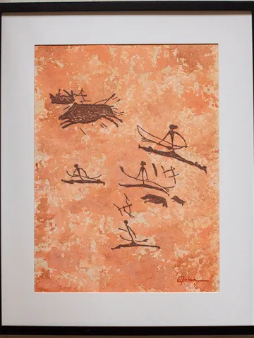 Boar hunting wall art | Original Pastel and Watercolor Artwork Ancient Cave Painting Style | Hunters Prehistoric art | Handmade Artwork | Archers stylization of rock art | Drawings of a prehistoric man $115.00