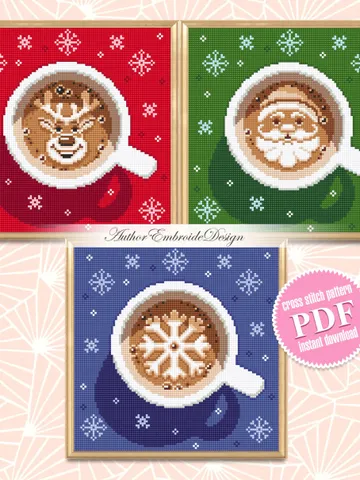 Set Christmas coffee cross stitch pattern PDF download Christmas cross stitch chart, Cup of latte cappuccino coffee, Snowflake, Deer #N150 $11.50