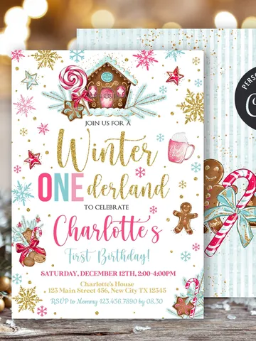 Winter Onederland Invitation Girl 1st Birthday Invitation, Gingerbread Birthday Winter Wonderland Birthday Invitation, Editable Template $7.00