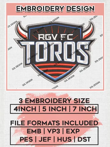 USLC Rio Grande Valley Toros Logo Embroidery Designs, USLC Rio Grande Valley Toros Embroidery Design, USLC Embroidery Design Files, USLC Logo, 3 sizes, Machine embroidery Files, Digital Download $6.99