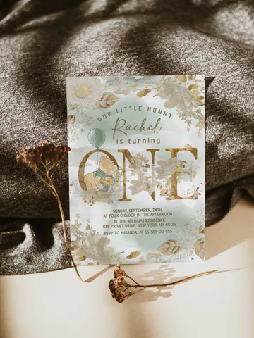 Winnie the Pooh Inspired First Birthday; Classic Winnie Pooh Invitations; Neutral Winnie Pooh Turning One; Winnie Pooh Birthday Party $12.78
