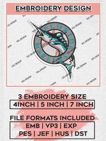 Miami Marlins Logo Embroidery Designs, MLB Miami Marlins Embroidery Design, MLB Embroidery Design Files, MLB Logo, 3 sizes, Machine embroidery Files, Digital Download $6.99