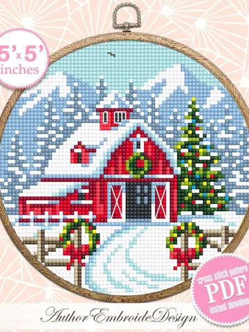 Christmas farm barn cross stitch pattern PDF download Winter mountain landscape cross stitch, Christmas pattern digital PDF, Red house #N171 $3.95