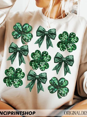 Faux Sequins St. Patrick's Day png, Green St.Patrick’s Day PNG, Sparkly Clover PNG 4 Leaf Clover, St.Patrick’s Bow, Shamrock shirt design $7.00