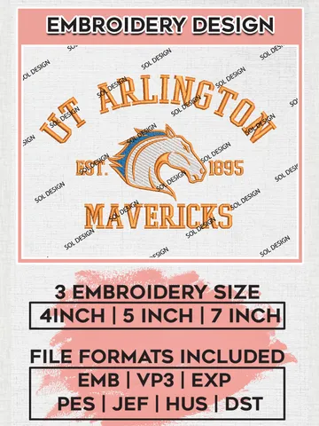 UT Arlington Mavericks Est 1895 Embroidery Designs, NCAA UT Arlington Mavericks Team Embroidery, NCAA Team Logo, 3 sizes, Machine embroidery Files, Digital Download $6.99