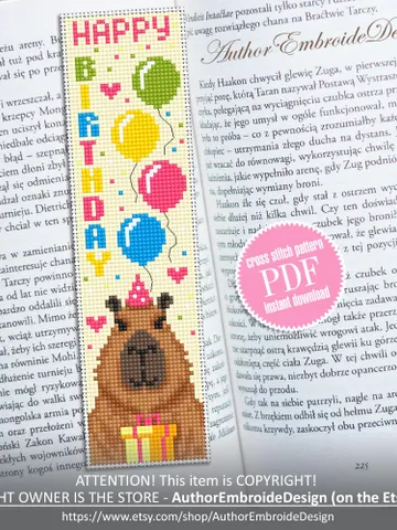 Birthday bookmark cross stitch pattern PDF download Funny capybara cross stitch chart, Bookmark pattern digital PDF, Happy birthday #B461 $4.40
