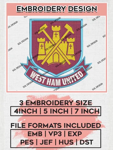 West Ham United Embroidery Design Files, Premier League Embroidery files, EPL West Ham United Teams, Football, Digital Download $6.99