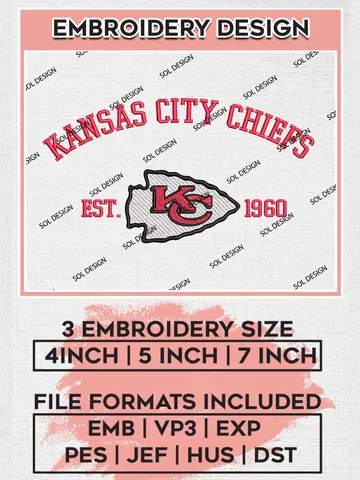 Kansas City Chiefs Est 1960 Embroidery Designs, NFL Chiefs , NFL Logo Embroidery Files, NFL Kansas City Chiefs Machine Embroidery Design, Digital Download $6.99