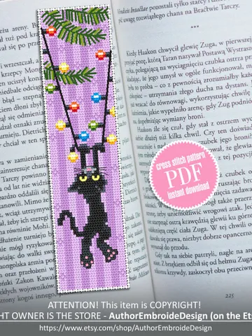 Christmas bookmark cross stitch pattern download PDF, Funny handmade bookmark digital PDF, Black cat cross stitch, Christmas garland #B95 $4.40