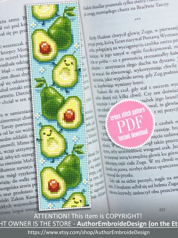 Kawaii bookmark cross stitch download PDF Cute avocado cross stitch Digital bookmark fruit Funny cross stitch chart Bookmarks for kids #B51 $4.40