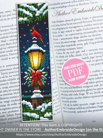 Christmas bookmark cross stitch pattern PDF download Christmas lamp post cross stitch chart, Winter bookmark pattern digital, Cardinal #N384 $4.40