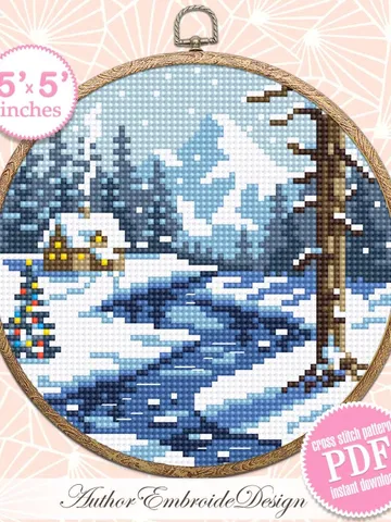 Winter landscape cross stitch pattern PDF download Winter nature cross stitch chart, Christmas pattern digital, Winter house in forest #N168 $3.95