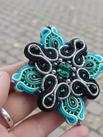 Beaded brooch, blue brooch, brooch flower, Embroidered soutache brooch, royal cross brooch