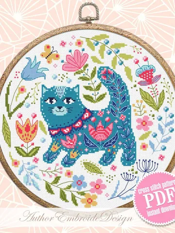 Floral cat cross stitch pattern PDF download Scandinavian folk cross stitch chart, Nordic cross stitch Scandinavian ornament embroidery #K20 $4.60