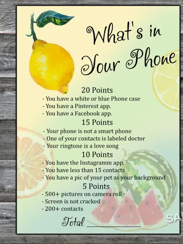 Lemon What's in Your Phone Birthday Party Game,Adult Birthday party game-fun games for her-Instant download