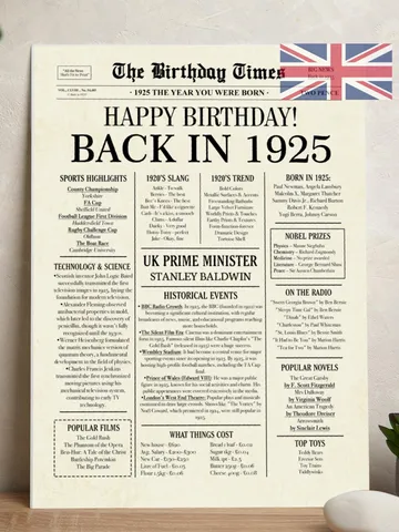 100th Birthday Newspaper Poster, Born in 1925, Vintage 1925 Birthday Sign, UK Facts, 100 Years Ago Printable for Grandma $7.00