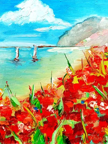 Point Reyes Painting Red Poppies Fields Impasto Art California Seascape Original Artwork Travel Gift Gifts  8 x 8 by ArtProkopaloSv $90.00