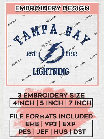 Tampa Bay Lightning Hockey Team Est Logo Embroidery Design, NHL Tampa Bay Lightning Logo Embroidery Files, Hockey Team Machine Embroidery, Machine Embroidery Design $6.99