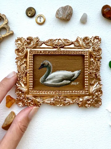 Framed Swan Oil Painting Original White Swan Art Bird Painting Gold Frame Dark Academia $78.00