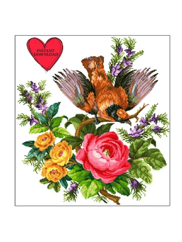 Retro bird in flowers cross stitch pattern vintage sampler primitive embroidery pdf $4.87
