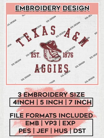Texas A&M Aggies Est 1876 Embroidery Designs, NCAA Texas AM Aggies Team Embroidery, NCAA Team Logo, 3 sizes, Machine embroidery Files, Digital Download $6.99