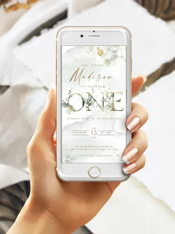 Greenery First Birthday Digital Invitation; ONE Birthday Invitation; Wizard Baby Birthday Invite; Editable B-day invite; Smartphone invite $12.78