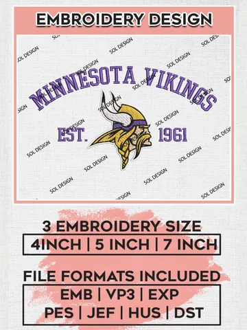 Minnesota Vikings Est 1961 Embroidery Designs, NFL Vikings, NFL Embroidery Designs, NFL Minnesota Vikings Machine Embroidery Design, Digital Download