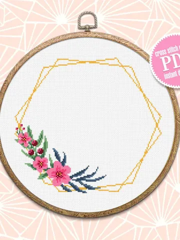 Flower frame cross stitch pattern PDF download Your text here, Simple wreath cross stitch chart, Pentagon frame pattern digital PDF #Y6 $3.40