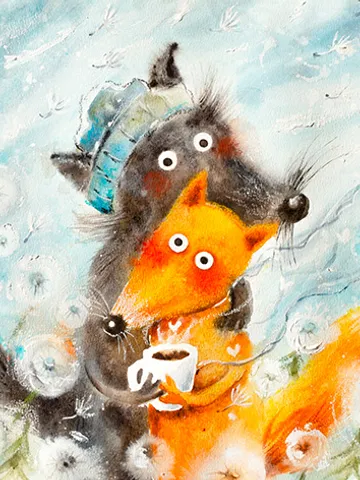 42x34cm Artwork by Julia Schigal "The Wolf and the Fox in among Dandelions" - watercolor, gouache, pastel $115.00