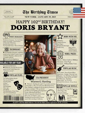 102nd Birthday Newspaper Poster Born in 1923 Printable Birthday Decor Unique 102 Year Old Gift for Grandma or Grandpa Back in 1923 Sign $15.00