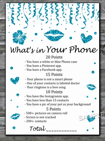 Blue glitter What's in Your Phone Birthday Party Game,Adult Birthday party game-fun games for her-Instant download $1.75