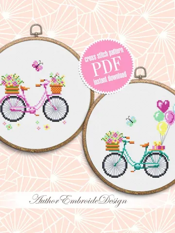 Set Bicycle with flowers cross stitch pattern PDF download Vintage bicycle cross stitch chart Flower basket bike, Bicycle with balloons #O17 $6.50