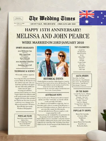 15th anniversary gift for husband, 2010 Australian Newspaper personalise poster, 15th wedding anniversary decorations, gifts for couples $15.00