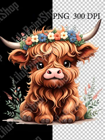 Baby Highland cow png for sublimation, Cute fluffy cow clipart overlay, digital instant download $2.71