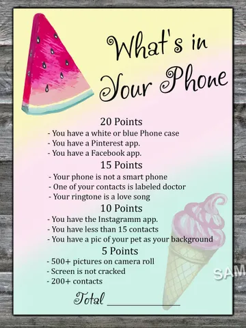 Watermelon What's in Your Phone Birthday Party Game,Adult Birthday party game-fun games for her-Instant download $1.75