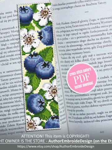 Blueberry bookmark cross stitch pattern download PDF Blue berries cross stitch chart, Digital bookmark fruit, Floral bookmark pattern #B152 $4.40