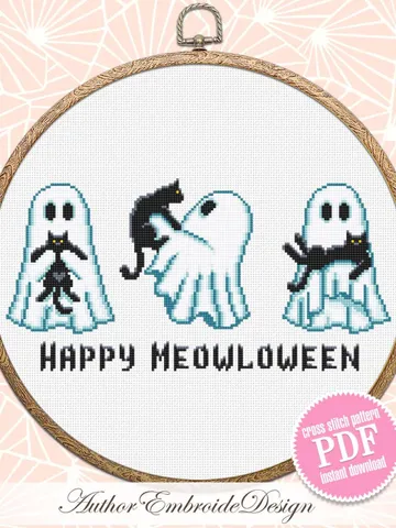 Ghost with black cat cross stitch pattern PDF download Happy Meowloween, Cute ghost cross stitch chart, Halloween pattern digital PDF #H90 $4.60