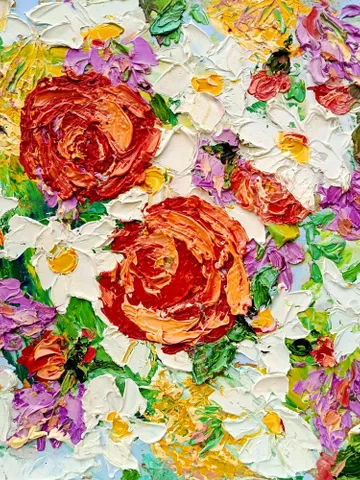 Impasto Oil Painting Impressionist Original Art 8x8 Pink Red Flowers Small Artwork Blooms of Bliss Peonies Floral Art by ArtProkopaloSv $90.00